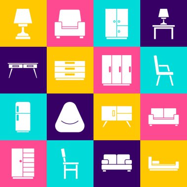 Yatak, kanepe, Kol, Gardırop, Göğüs çekmeceleri, ofis masası, masa lambası ve ikon. Vektör