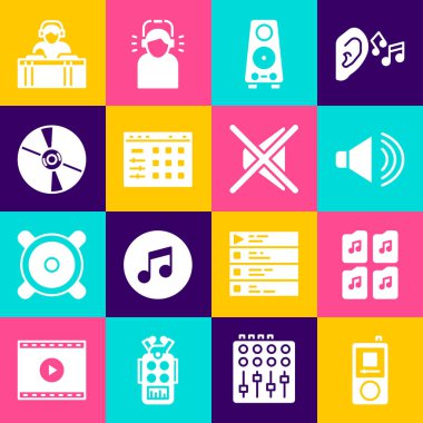 Müzik çaları, dosya belgeleri, Speaker sesi, Stereo hoparlörü, Drum makinesi, CD veya DVD diski, DJ müzik çalıyor ve simgeyi sessize alıyor. Vektör