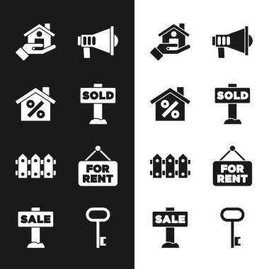 Set Hanging sign with text Sold, House percant discount, Realtor, Megaphone, Garden fence wooden, For Rent, key and Sale icon. Vector