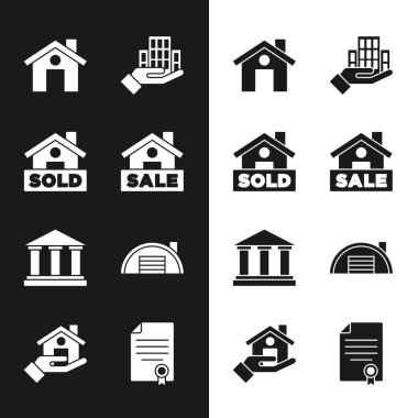 Set Hanging sign with Sale, text Sold, House, Skyscraper, Museum building, Warehouse, contract and Realtor icon. Vector