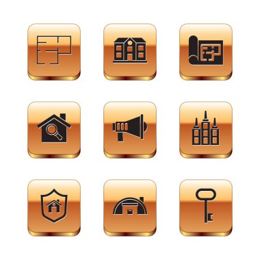 Set House plan, with shield, Warehouse, Megaphone, Search, key and  icon. Vector
