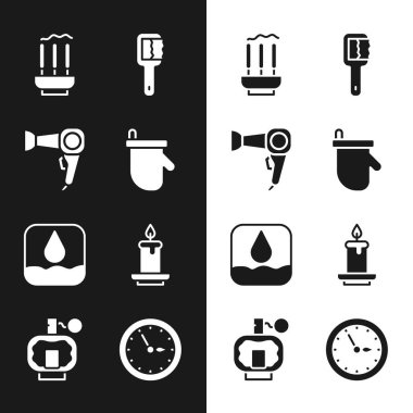 Sauna eldivenleri, saç kurutma makinesi, tütsü çubukları, fırça, su damlası, Aroma mumu, saat ve tıraş losyonu ikonu. Vektör
