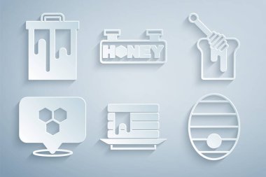 Bir yığın krep, ballı ballı çubuk, bal peteği arı konumu, arılar için kovan, bal peteği ve ikon asma işareti. Vektör