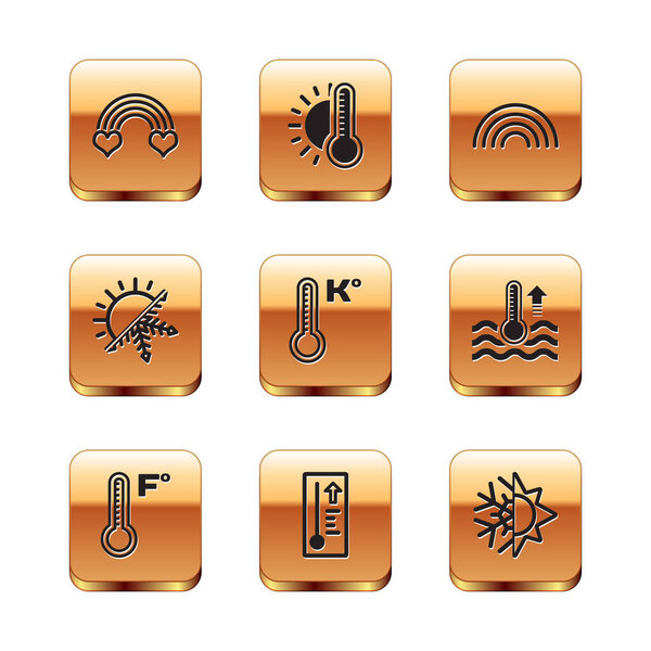 Set Rainbow with heart, Meteorology thermometer, Sun and snowflake,  and Thermometer sun icon. Vector
