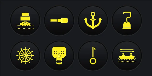 Set Ship Steering Wheel Pirate Hook Skull Key Anchor Spyglass — Image vectorielle