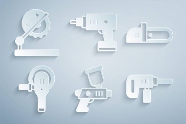 Boya spreyi, testere, açılı öğütücü, elektrikli matkap, kablosuz tornavida ve ahşap ikon için masa. Vektör