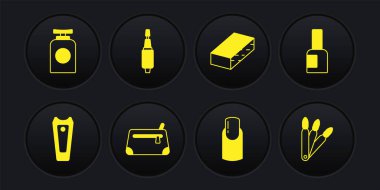 Tırnak makası, bir şişe oje, kozmetik çanta, manikür, dosya, Milling for, sahte tırnaklar ve metro el kremi ikonu. Vektör