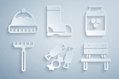 Şeker, bal kavanozu, bahçe tırmığı, benç, su geçirmez lastik bot ve kış şapkası ikonu. Vektör