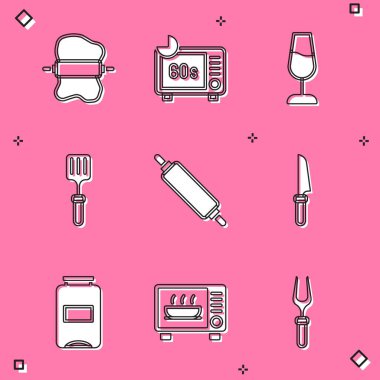 Hamur, mikrodalga fırın, şarap bardağı, barbekü spatulası, bıçak, reçel kavanozu ve ikona iğne koyun. Vektör