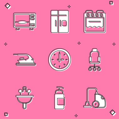 Mikrodalga fırını, buzdolabı, fırın, elektrikli ütü, saat, ofis koltuğu, lavabo ve antibakteriyel sabun ikonunu hazırlayın. Vektör