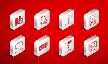 Hat Ölü monitörü, işaretli takvim, müzik notası, ton, sabit disk eşzamanlama, 5.25 inçlik Disket ayarı, sunucu ayarı, Retro flip saat ve sosyal medya gelen kutusu simgesi. Vektör