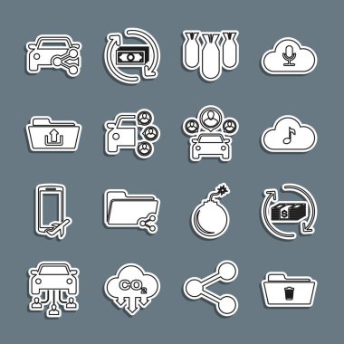 Sil klasörünü, iade parasını, müzik akış servisini, hava bombalarını, araba paylaşımını, klasör yüklemesini ve simgeyi ayarla. Vektör