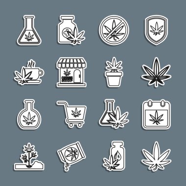 Marihuana ya da kenevir yaprağı, takvim ve marihuana, dur, dükkan, fincan çayı, test tüpü ve saksı ikonu. Vektör