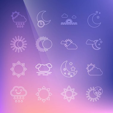 Güneş tutulması, güneş ve bulut havası, ay yıldızlı bulut, güneş batımı, yağmur ve ikon çizgisi. Vektör