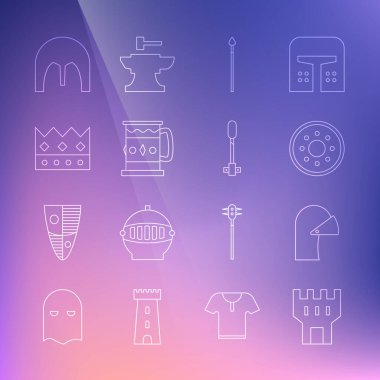 Kale kulesi, ortaçağ demir miğferi, yuvarlak tahta kalkan, mızrak, tahta bardak, kral tacı ve meşale alevi ikonu. Vektör