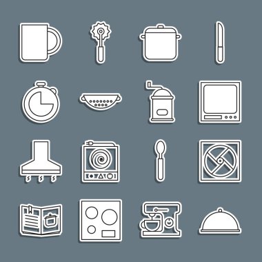 Set line Covered with tray, Ventilation, Electronic scales, Cooking pot, Kitchen colander, timer, Coffee cup and Manual coffee grinder icon. Vector