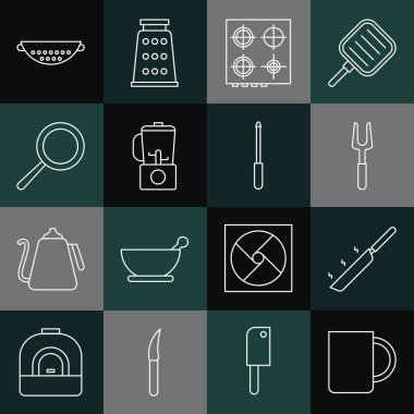 Sıralı kahve fincanı, kızartma tavası, ızgara çatalı, gaz ocağı, blender, mutfak süzgeci ve bıçak keskinleştirici ikonu. Vektör