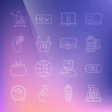 Hat yazarkasa makinesini ayarlayın, ücretsiz fiyat etiketi, POS terminali kredi kartı, dizüstü bilgisayarda alışveriş arabası, sepet, bozuk para parası, yiyecek ve kredi kilidi ikonu. Vektör