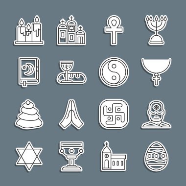 Paskalya yumurtası, üçüncü gözü olan adam, zincirlenmiş Hristiyan haçı, Haç Ankh, ilk komünyon sembolleri, kutsal Kur 'an kitabı, yanan mumlar ve Yin Yang ikonu. Vektör
