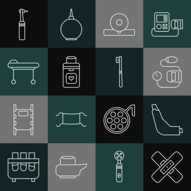 Hatlar arası bandaj bandı, astım spreyi, kan basıncı, Otolaryngological baş reflektörü, Organ kabı, Sedye, Diş fırçası matkabı ve diş fırçası ikonu. Vektör