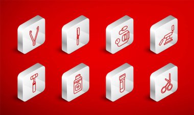 Tıbbi makası, testereyi, kan basıncını, diş sandalyesini, kan testi tüpünü, cımbızı, organ kabını ve nöroloji refleks çekici ikonunu hazırlayın. Vektör