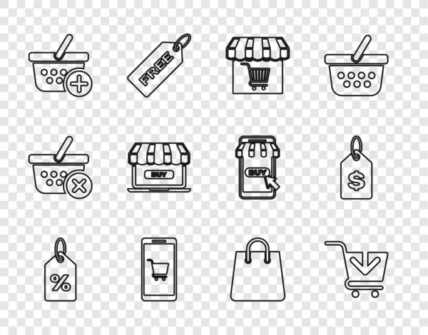 Set Line Discount Percent Tag Add Shopping Cart Market Store — 图库矢量图片