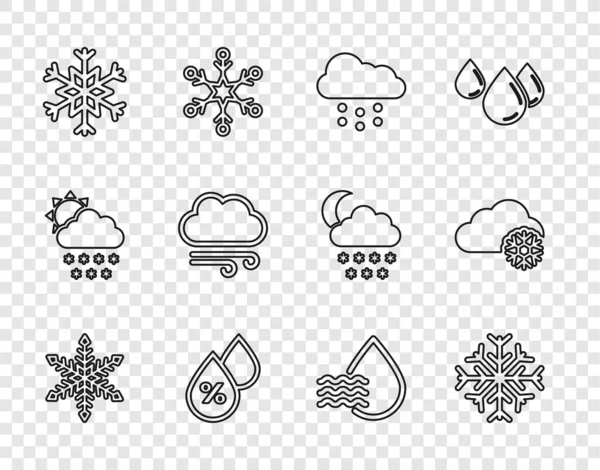 Set Line Snowflake Cloud Snow Water Drop Percentage Windy Weather — Wektor stockowy