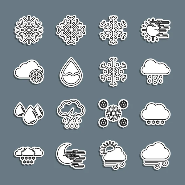 Set Line Windy Weather Cloud Snow Snowflake Water Drop Icon — Stock vektor