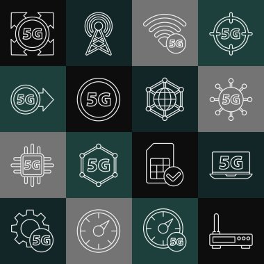 Yönlendirici ve wi-fi sinyali, 5G ağlı dizüstü bilgisayar ve sosyal simgeyi ayarla. Vektör