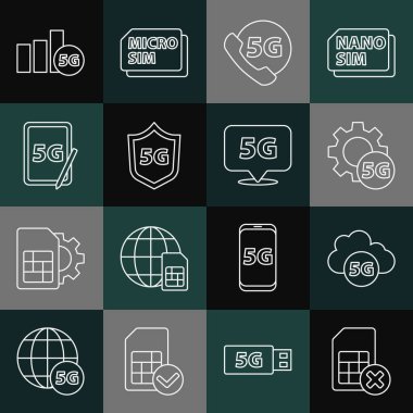 Satır Sim kartı reddedildi, Bulut 5G ağı, Ayarlama, Telefon, Koruyucu Kalkan, Grafik Tablet ve Konum simgesi. Vektör