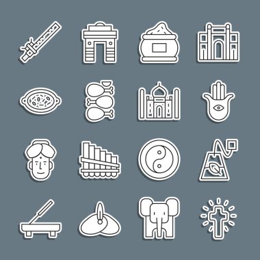 Hristiyan haçı, çay poşeti, hamsa eli, Hint baharatı, Tandır tavuğu, kheer in bowl, Bambu flüt hintli ve Taj Mahal ikonu. Vektör