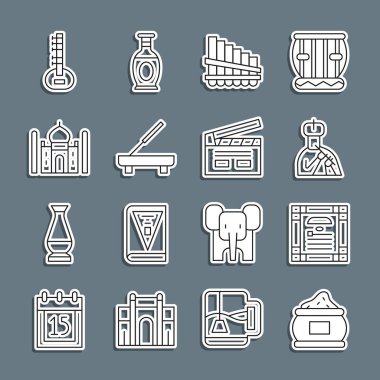 Set hattı Hint baharatı, anayasa günü, adam flüt, Pan, Scented spa çubuğu, Taj Mahal, Sitar ve Bollywood Hint sineması ikonu çalıyor. Vektör