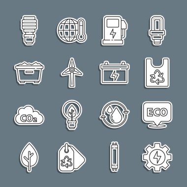 Dişliler ve şimşekler, çevresel sağlıklı yiyecekler için etiket, geri dönüşümlü plastik torba, elektrikli araba şarj istasyonu, rüzgar türbini, çöp kutusu, LED ampul ve araba aküsü ikonu. Vektör