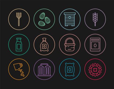 Ayçiçeği, bitki tohumu dolu bir paket arı kovanı, sütlü bir şişe, tırmık, sepet ve tohum ikonu. Vektör