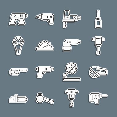 Elektrikli matkap, çim biçme makinesi, inşaat matkabı, yapboz, dairesel, boya sprey tabancası ve zımpara makinesi. Vektör