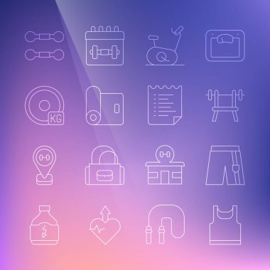 Set line Sleeveless t-shirt, Short or pants, Bench with barbell, Stationary bicycle, Fitness mat roll, Weight plate, Dumbbell and Sport training program icon. Vector