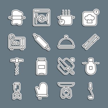 Mutfak kepçesi, önlük, yemek çubukları, yemek pişirme kabı, merdane, mikrodalga fırın, hamur ve tepsi dolusu yemek ikonu ile kaplı. Vektör