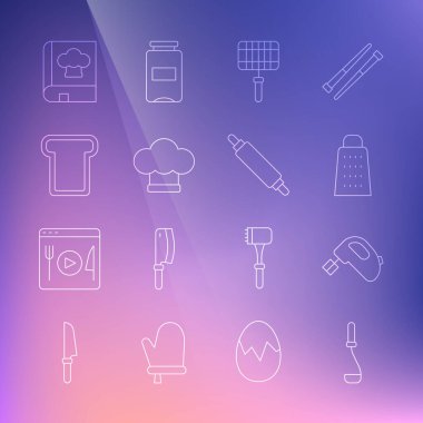 Mutfak kepçesi, elektrikli karıştırıcı, ızgara ızgara çelik ızgara, şef şapkası, ekmek tostu, yemek kitabı ve Rolling pin ikonu. Vektör