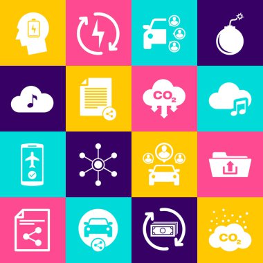 Set CO2 emissions in cloud Folder upload Music streaming service Car sharing Share file and icon. Vector.