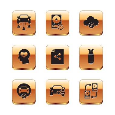 Set Car sharing Share file Head with heartbeat and Music streaming service icon. Vector.