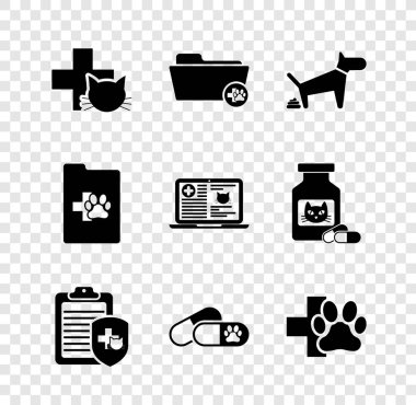 Set Veterinary clinic Medical veterinary record folder Dog pooping Clinical pet and pills and icon. Vector.