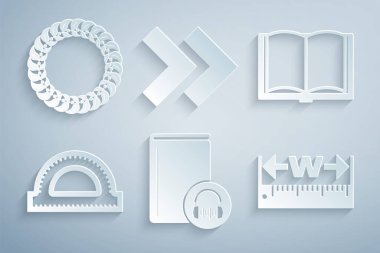 Set Audio book Open Protractor grid Measuring height and length Arrow and Laurel wreath icon. Vector.