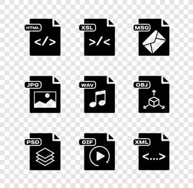 Set HTML file document XSL MSG PSD GIF XML JPG and WAV icon. Vector.