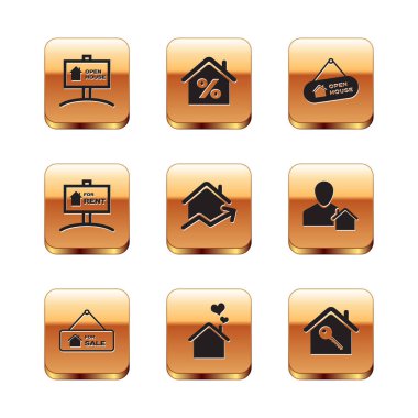 Set Hanging sign with Open house For Sale House heart shape Rising cost of housing Rent key and percant icon. Vector.