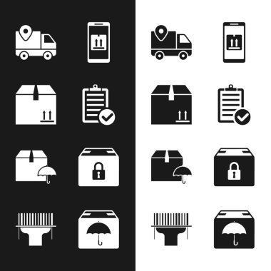 Set Verification of delivery list Cardboard box with traffic Delivery tracking Mobile app package umbrella Locked and Scanner scanning bar code icon. Vector.