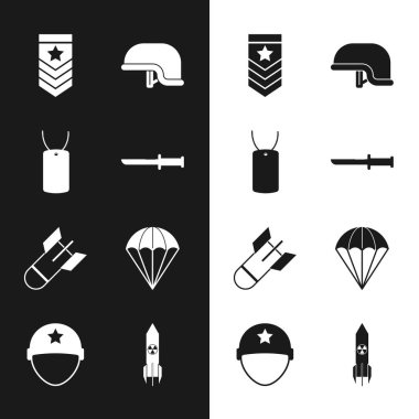 Set Military knife dog tag Chevron helmet Aviation bomb Parachute Nuclear rocket and icon. Vector.