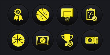 Set Basketball ball Planning strategy game video Award cup with basketball backboard ticket and award icon. Vector.