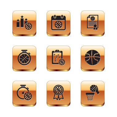 Set Sports winner podium Stopwatch with basketball ball Basketball award Planning strategy Certificate and and on sport calendar icon. Vector.