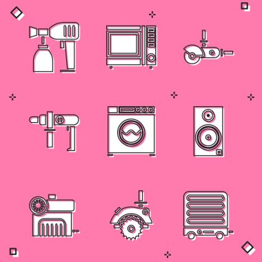 Set Paint spray gun Microwave oven Angle grinder Electric drill machine Washer and Stereo speaker icon. Vector.
