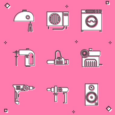 Set Electric mixer Air conditioner Washer Rotary hammer drill machine Chainsaw and compressor icon. Vector.